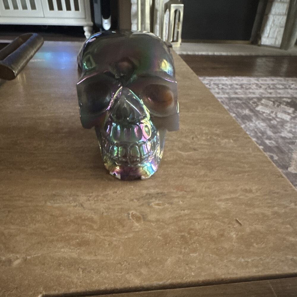 Large 3lb Iridescent Crystal Skull Carving Aura Rainbow Glass Quartz Figurine
